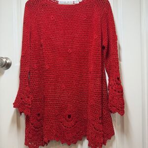 RARE VTG Michael Simon Red Velvety Popcorn Stitch Crochet Sweater Dress OS